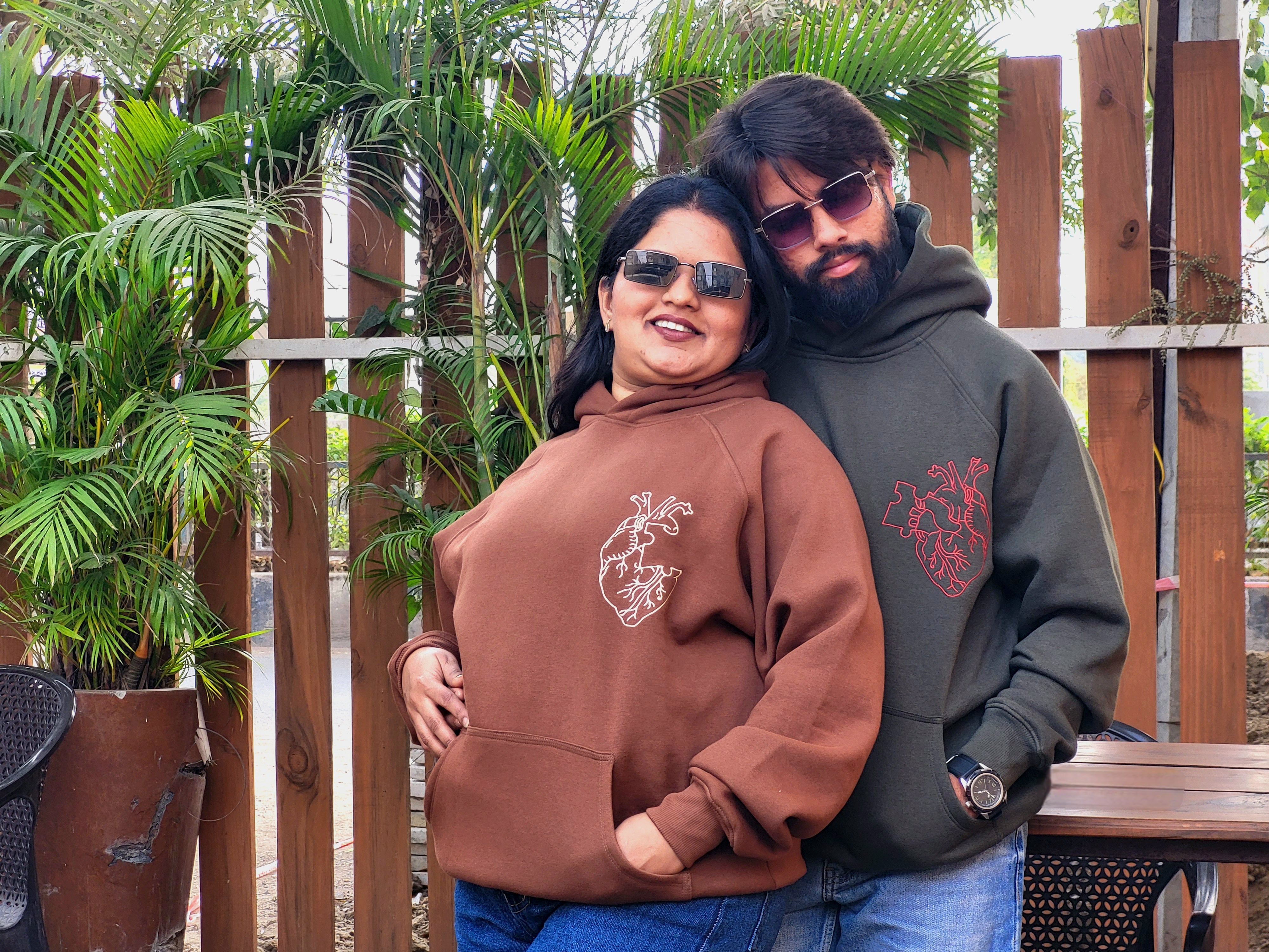 Heart Couple Embroidery Oversized Hoodie (Pack of 2)