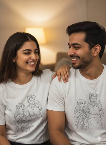 Pack of 2 - Couple Personalised Photo Outline Embroidery Oversized Tee