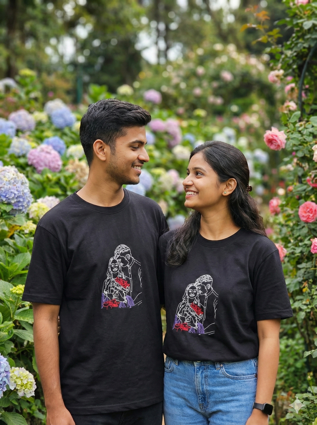 Pack of 2 - Couple Personalised Photo Outline Embroidery Oversized Tee