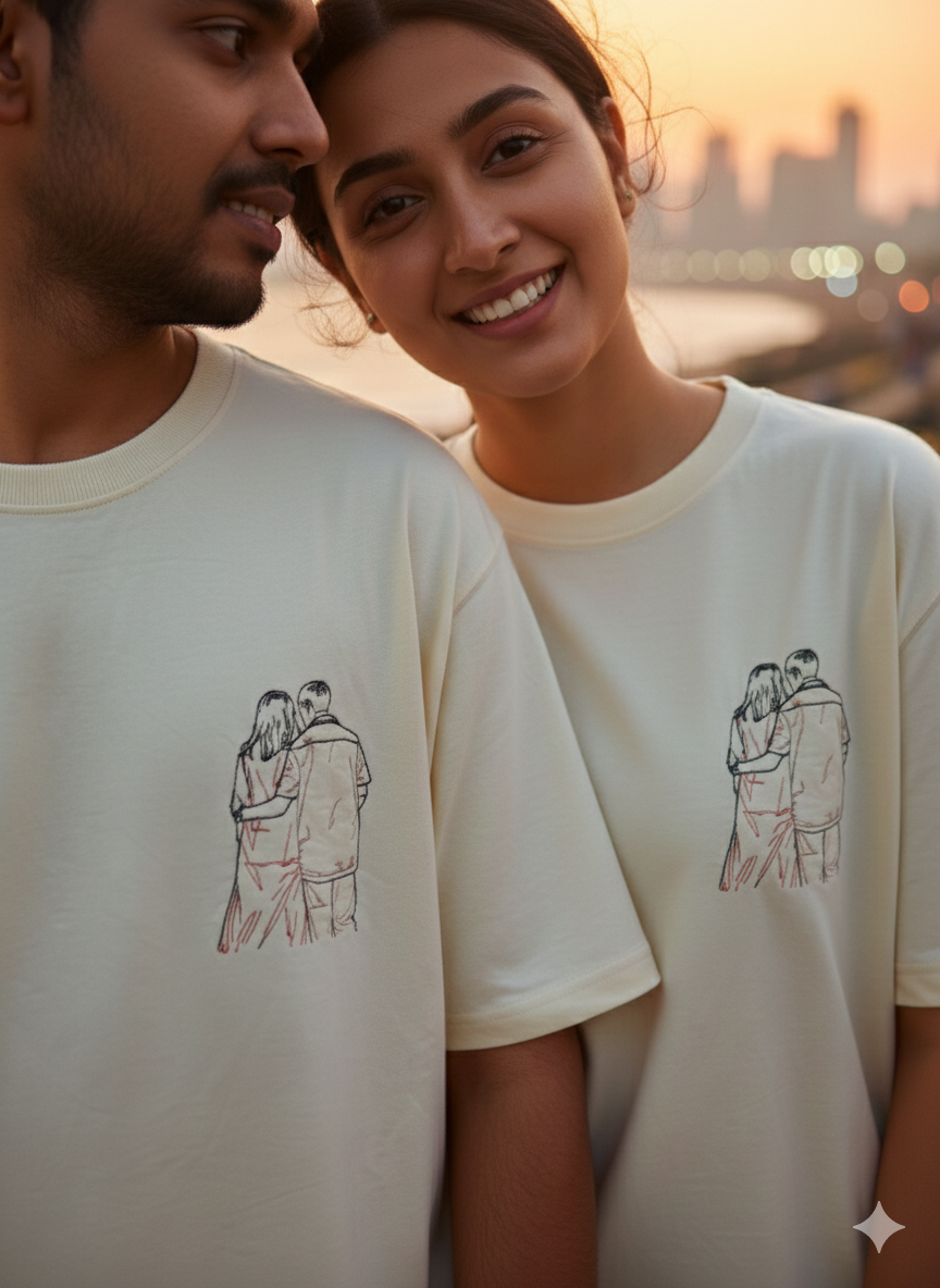 Pack of 2 - Couple Personalised Photo Outline Embroidery Oversized Tee