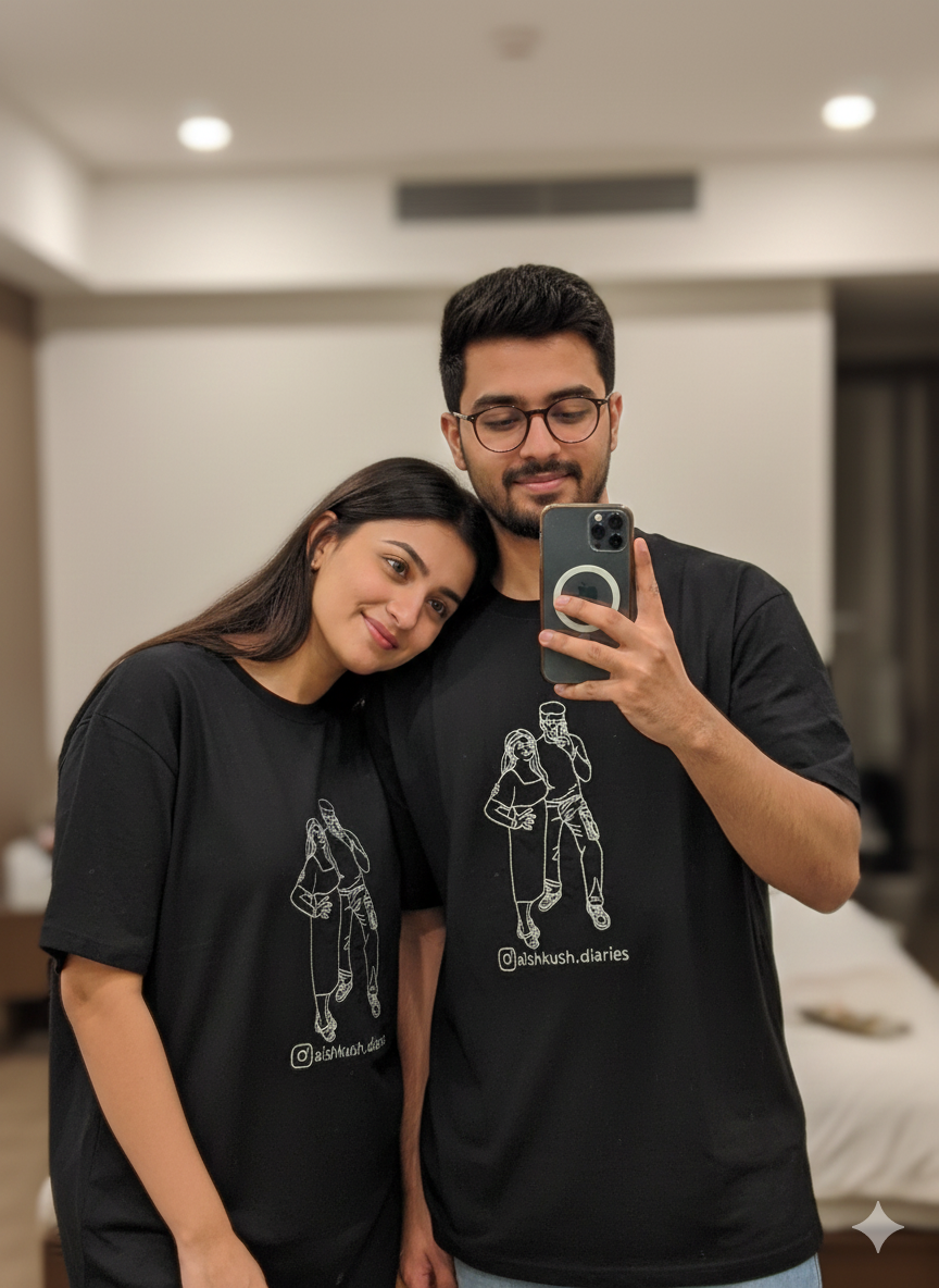 Pack of 2 - Couple Personalised Photo Outline Embroidery Oversized Tee