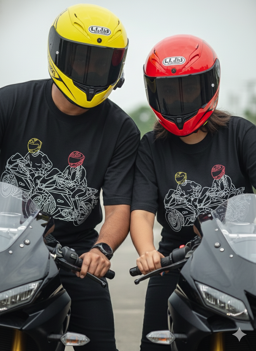 Pack of 2 - Couple Personalised Photo Outline Embroidery Oversized Tee