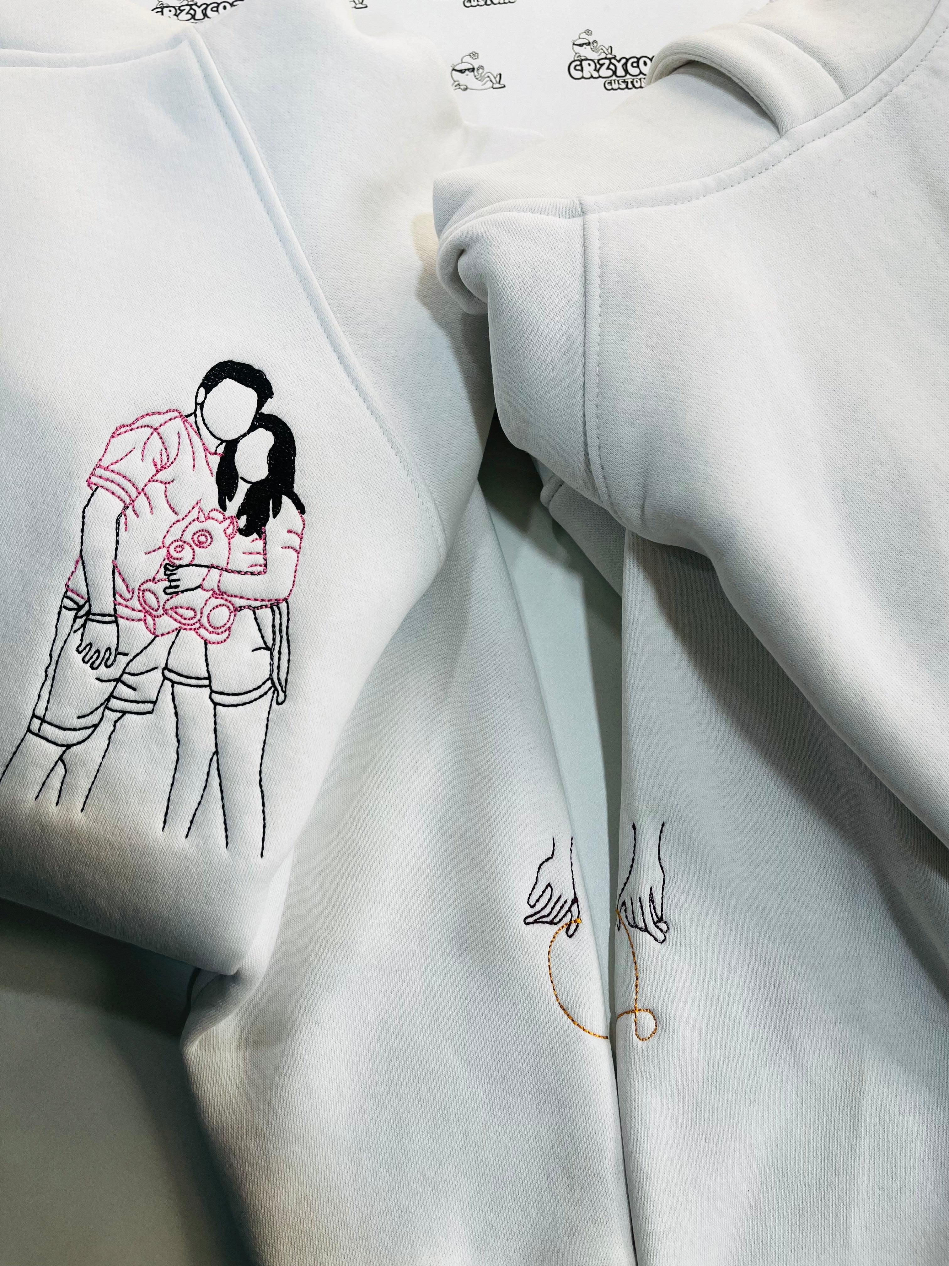 Pack of 2 - Couple Personalised Photo Outline Embroidery Oversized Hoodie
